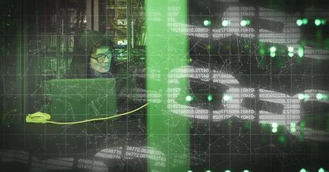 Image of data processing over asian male hacker in server room Foto stock