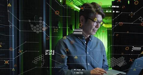 Image of data processing over asian male worker in server room Stock Photos