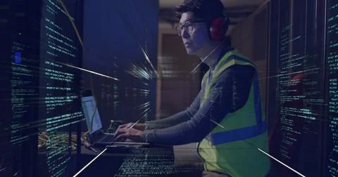 Image of data processing over asian man working in server room Stock Photos