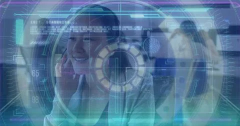 Image of data processing over asian businesswoman using phone headset in office Stock Photos