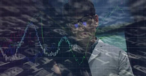 Image of data processing over asian businessman using tablet Stock Photos