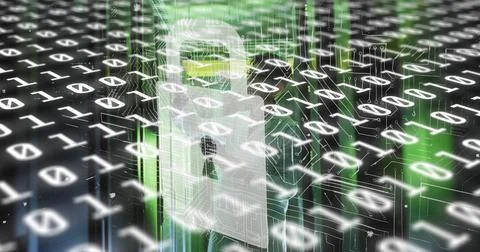Image of data processing over asian male worker in server room Stock Photos