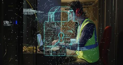 Image of data processing over asian male worker in server room Stock Photos