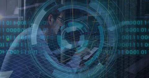 Image of data processing over asian male worker in server room Stockfoto's