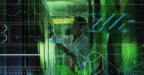 Image of data processing over asian male worker in server room Stockfoto's
