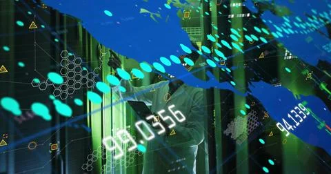 Image of data processing over asian male worker in server room Stockfoto's