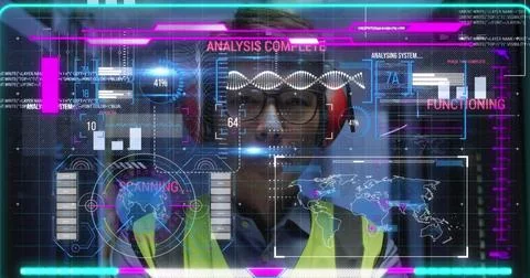 Image of data processing over asian male worker in server room Stockfoto's