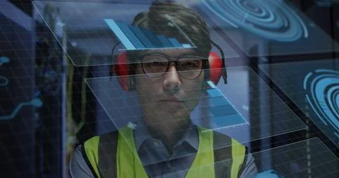 Image of data processing over asian male worker in server room Stockfoto's