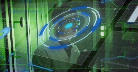 Image of data processing over asian male worker in server room Stock Photos