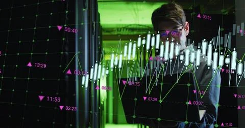 Image of data processing over asian male it engineer by computer servers Stock Photos