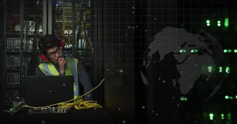 Image of data processing over asian male worker in server room Stock Photos
