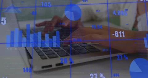 Image of data processing over asian schoolgirl using laptop Stock Photos