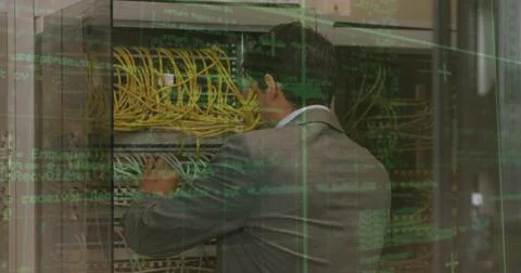 Image of data processing over back view of caucasian man checking servers Stock Photos