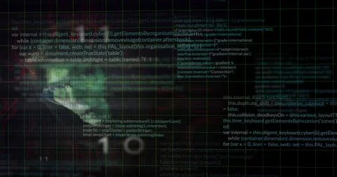 Image of data processing over binary code and caucasian male hacker Foto stock