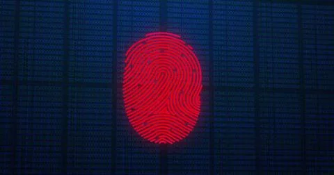 Image of data processing over biometric fingerprint on dark background Stockfoto's