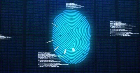 Image of data processing over biometric fingerprint on dark background Stock Photos