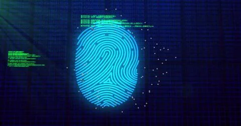 Image of data processing over biometric fingerprint on dark background Foto stock