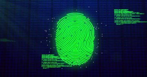 Image of data processing over biometric fingerprint on dark background Stockfoto's