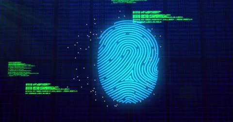 Image of data processing over biometric fingerprint on dark background Stock Photos