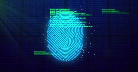 Image of data processing over biometric fingerprint on dark background Stock Photos