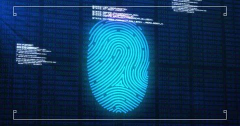 Image of data processing over biometric fingerprint on dark background Stock Photos
