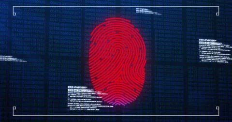 Image of data processing over biometric fingerprint on dark background Stock Photos