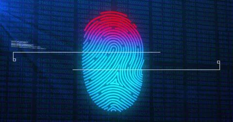 Image of data processing over biometric fingerprint on dark background Stock Photos