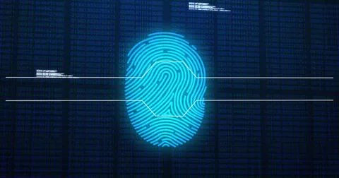 Image of data processing over biometric fingerprint on dark background Stock Photos
