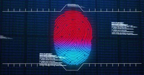 Image of data processing over biometric fingerprint on dark background Stock Photos