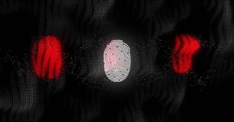 Image of data processing over biometric fingerprint on dark background Stock Photos