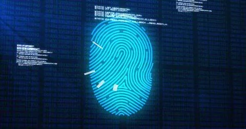 Image of data processing over biometric fingerprint on dark background Stock Photos