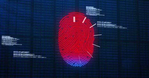 Image of data processing over biometric fingerprint on dark background Stock Photos