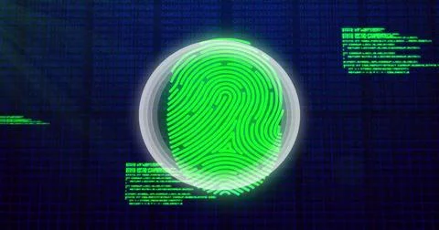 Image of data processing over biometric fingerprint on dark background Stock Photos
