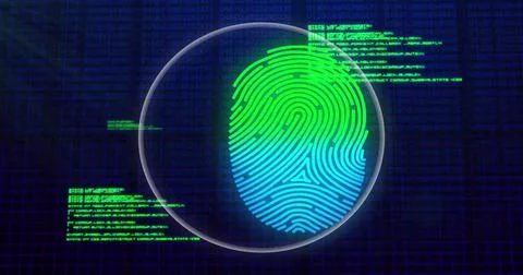 Image of data processing over biometric fingerprint on dark background Stock Photos