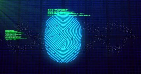 Image of data processing over biometric fingerprint on dark background Stock Photos