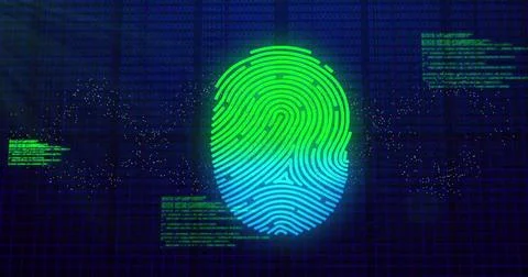 Image of data processing over biometric fingerprint on dark background Stock Photos
