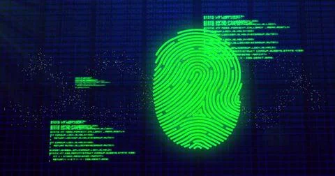 Image of data processing over biometric fingerprint on dark background Stock Photos