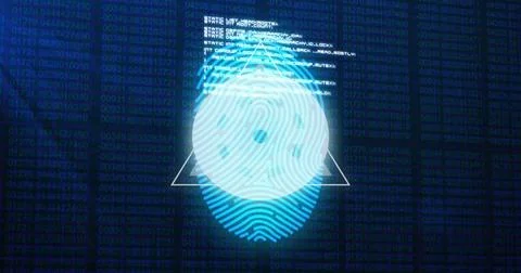 Image of data processing over biometric fingerprint on dark background Foto stock