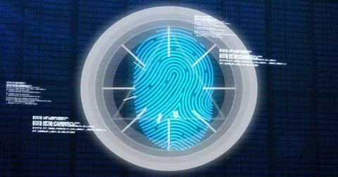 Image of data processing over biometric fingerprint on dark background Stock Photos