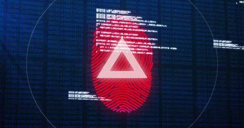 Image of data processing over biometric fingerprint on dark background Stock Photos