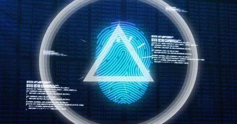 Image of data processing over biometric fingerprint on dark background Stock Photos