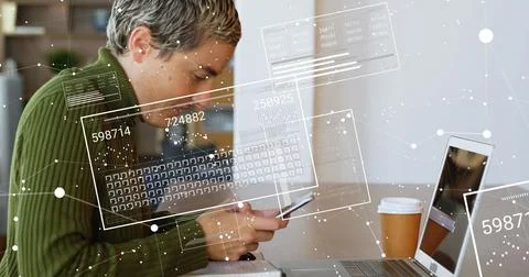 Image of data processing over biracial woman using smartphone Stock Illustration