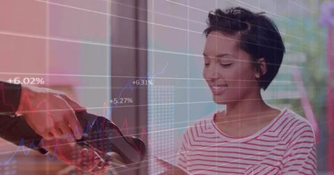 Image of data processing over biracial woman paying in shop Stock Illustration