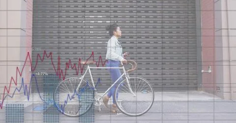 Image of data processing over biracial businesswoman walking with bicycle Stockillustratie