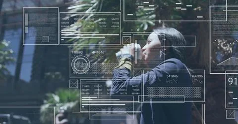 Image of data processing over biracial woman drinking takeaway coffee Stockillustratie