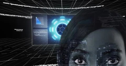 Image of data processing over biracial woman イラスト素材