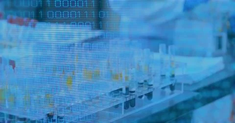 Image of data processing over biracial female scientist in lab Stock Photos