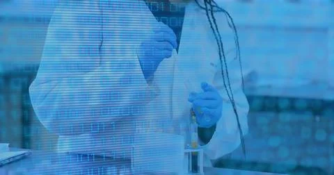 Image of data processing over biracial female scientist in lab Stock Photos