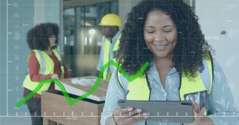 Image of data processing over biracial female engineer in hi vis vest using Stock Photos
