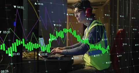 Image of data processing over biracial man using laptop in server room Stock Photos